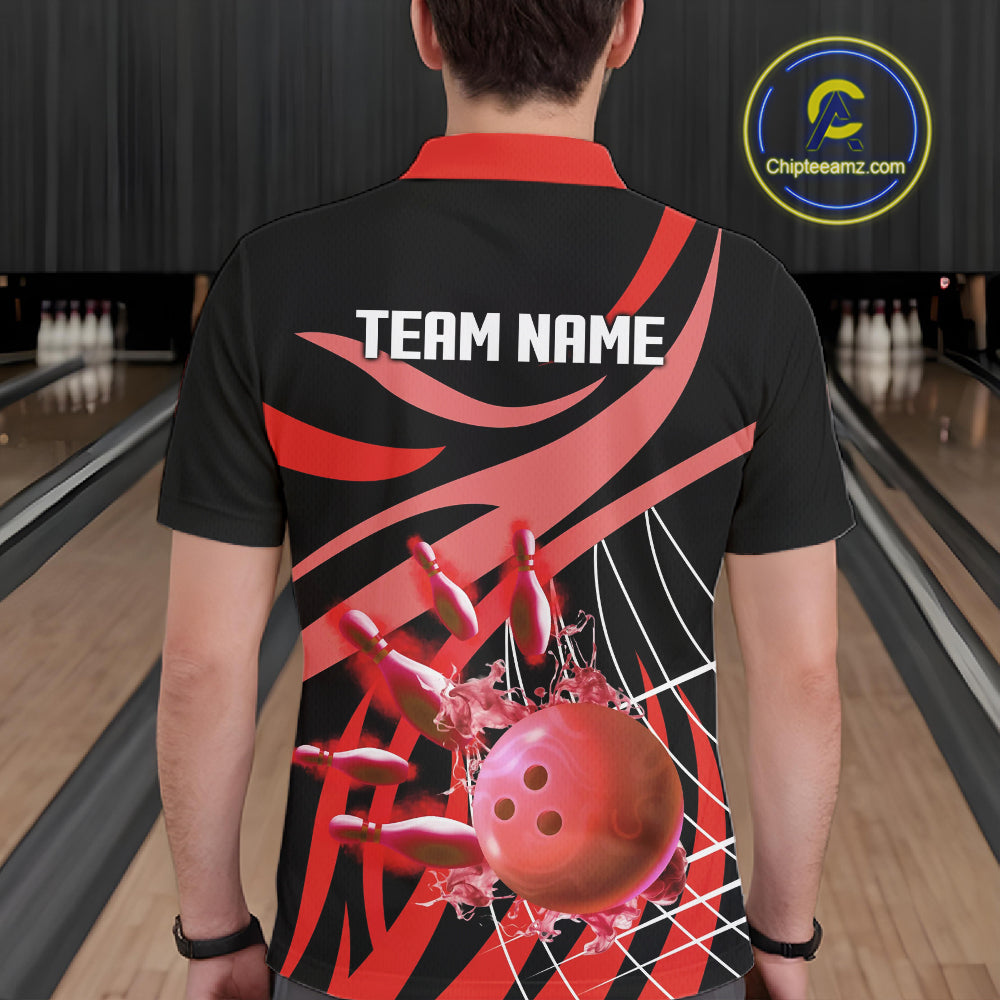 Red flame bowling 1/4 zip, mens polo bowling shirts Custom Team bowling shirts for men NQS11393