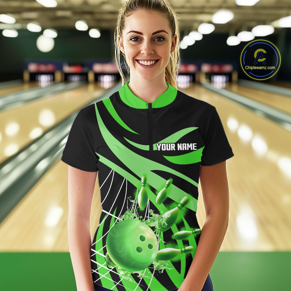 Green flame short-sleeve, long-sleeve bowling shirts for women Custom Team bowling outfit women NQS11394
