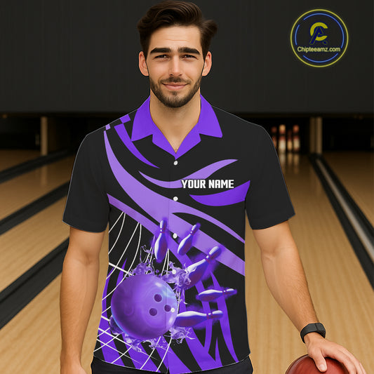 Purple flame Bowling Hawaiian Shirts Custom Team bowling outfit button up shirt NQS11395