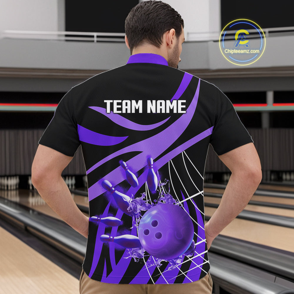 Purple flame bowling 1/4 zip, mens polo bowling shirts Custom Team bowling shirts for men NQS11395