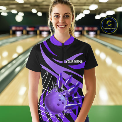 Purple flame short-sleeve, long-sleeve bowling shirts for women Custom Team bowling outfit women NQS11395