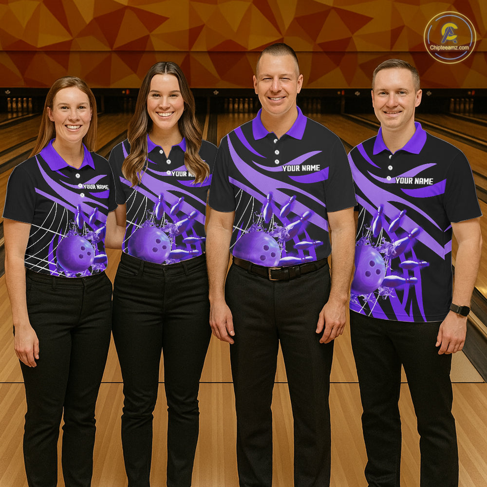 Purple flame bowling 1/4 zip, mens polo bowling shirts Custom Team bowling shirts for men NQS11395