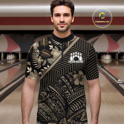 Black tribal pattern Bowling Polo, 1/4 zip Shirts For Men Custom Team Bowling Jerseys NQS11389