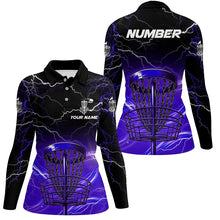 Load image into Gallery viewer, Purple light lightning thunder Disc golf basket Womens disc golf polo shirt custom disc golf tops NQS7415