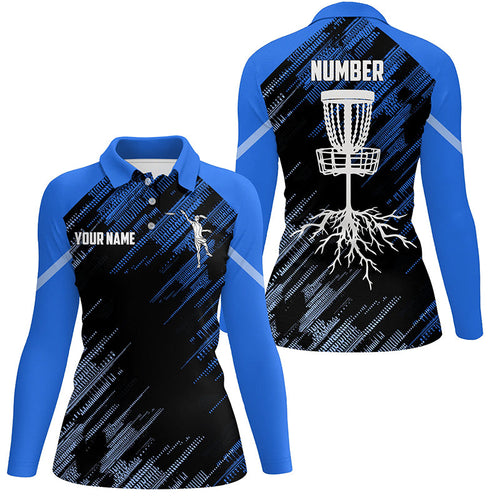 Blue Disc golf basket camo custom name & number Womens polo shirts, ladies disc golf outfit NQS7416