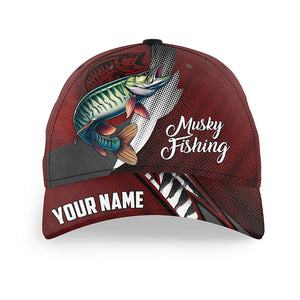 Musky fishing camo hats for men, women custom baseball best Muskellunge fishing hat | Red NQS7761