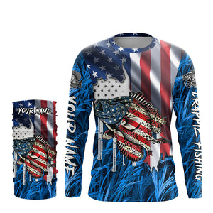 American flag patriot Crappie blue camo fishing, custom mens long sleeve sun protection fishing shirts NQS7987