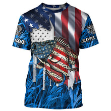 Load image into Gallery viewer, American flag patriot Crappie blue camo fishing, custom mens long sleeve sun protection fishing shirts NQS7987