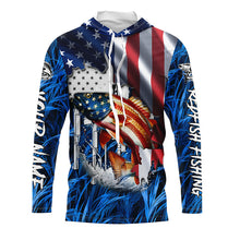 Load image into Gallery viewer, American flag patriot Redfish blue camo fishing, custom mens long sleeve sun protection fishing shirts NQS7988