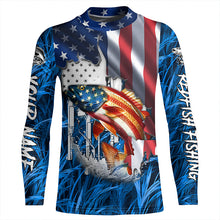 Load image into Gallery viewer, American flag patriot Redfish blue camo fishing, custom mens long sleeve sun protection fishing shirts NQS7988