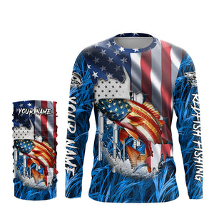 American flag patriot Redfish blue camo fishing, custom mens long sleeve sun protection fishing shirts NQS7988