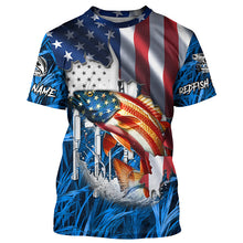 Load image into Gallery viewer, American flag patriot Redfish blue camo fishing, custom mens long sleeve sun protection fishing shirts NQS7988