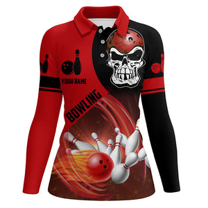 Red and black Bowling ball and pins Women polo shirts custom skull Bowling Team Jerseys NQS6082