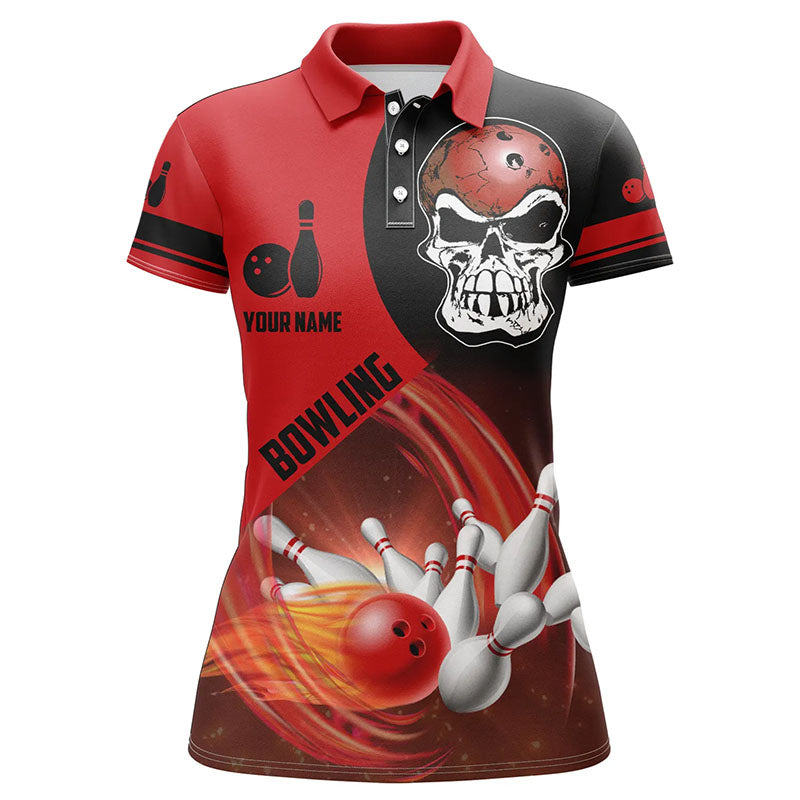 Red and black Bowling ball and pins Women polo shirts custom skull Bowling Team Jerseys NQS6082