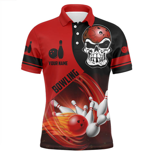Red and black Bowling ball and pins Mens bowling polo shirts custom skull Bowling Team Jerseys NQS6082