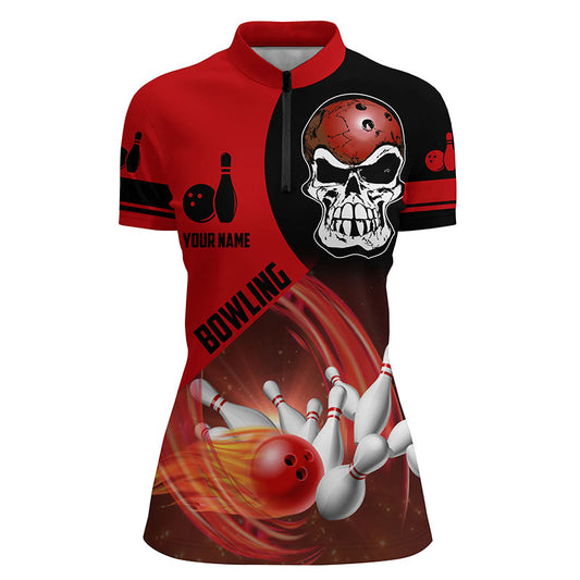 Red and black Bowling ball and pins Women Quarter-Zip shirts custom skull Bowling Team Jerseys NQS6082