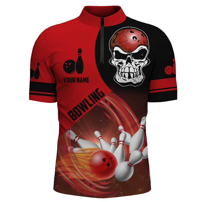 Red and black Bowling ball and pins Mens bowling Quarter Zip shirt custom skull Bowling Team Jerseys NQS6082