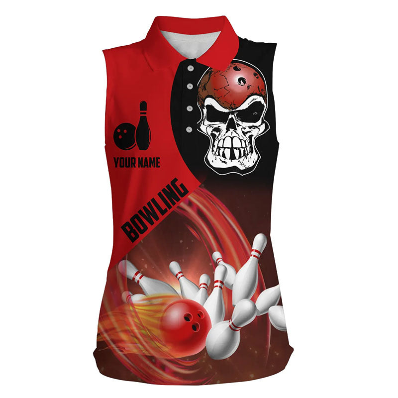 Red and black Bowling ball and pins Women sleeveless polo shirts custom skull Bowling Team Jerseys NQS6082