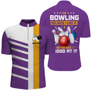 Funny Retro Bowling Polo, Quarter Zip Shirts For Men Custom I go bowling because I like it | Purple NQS8640