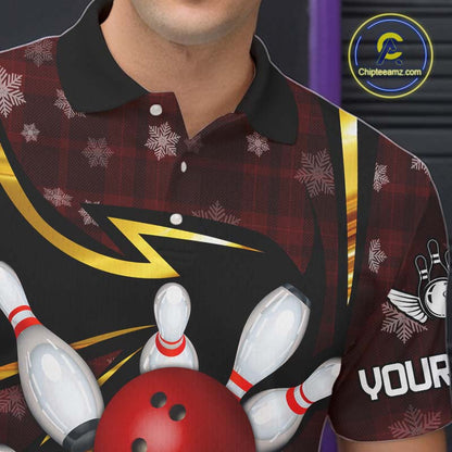 Red Christmas Plaid pattern snowflake Black and Gold Men's Bowling shirts Custom Xmas Bowling Gifts NQS10997