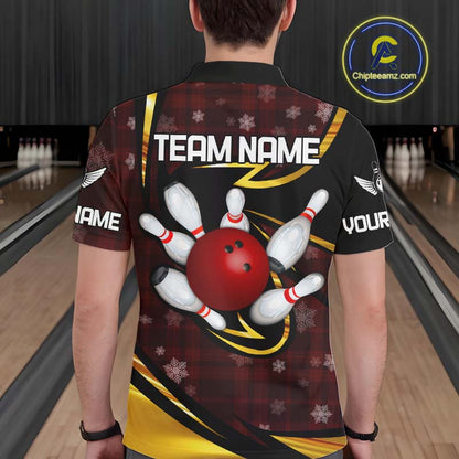 Red Christmas Plaid pattern snowflake Black and Gold Men's Bowling shirts Custom Xmas Bowling Gifts NQS10997