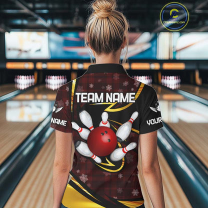 Red Christmas Plaid pattern snowflake Black and Gold Women's Bowling shirts Custom Xmas Bowling Gifts NQS10997