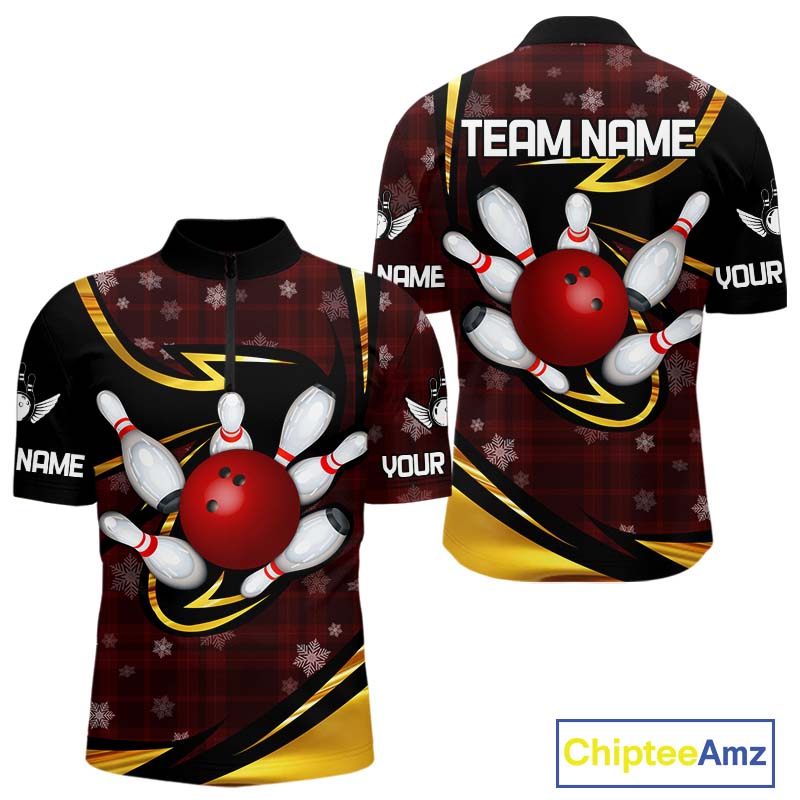 Red Christmas Plaid pattern snowflake Black and Gold Men's Bowling shirts Custom Xmas Bowling Gifts NQS10997