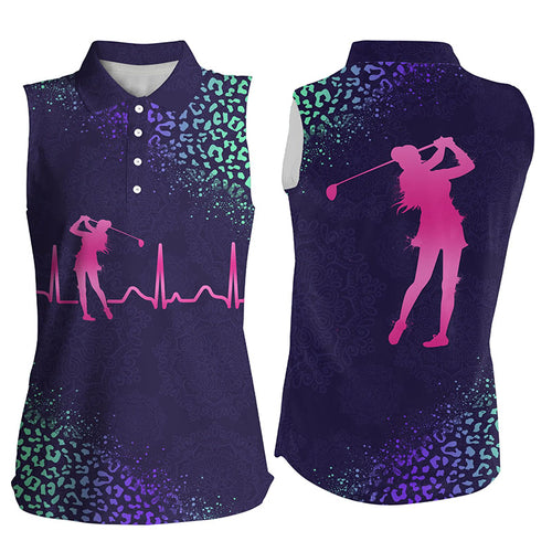 Women's sleeveless golf polo shirt golf heartbeat purple gradient leopard pattern NQS4495
