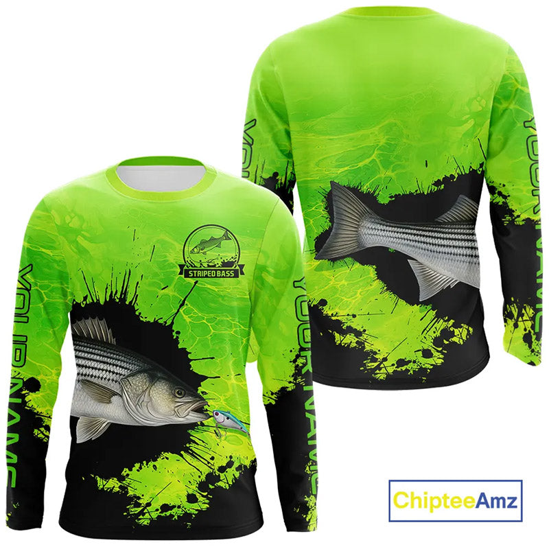 Personalized Striped Bass fishing Performance long sleeve Fishing Shirt, Striper fishing jersey|Green NQS11194