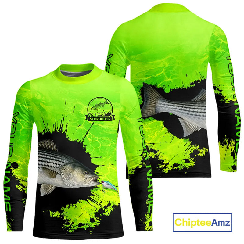 Personalized Striped Bass fishing Performance long sleeve Fishing Shirt, Striper fishing jersey|Green NQS11194
