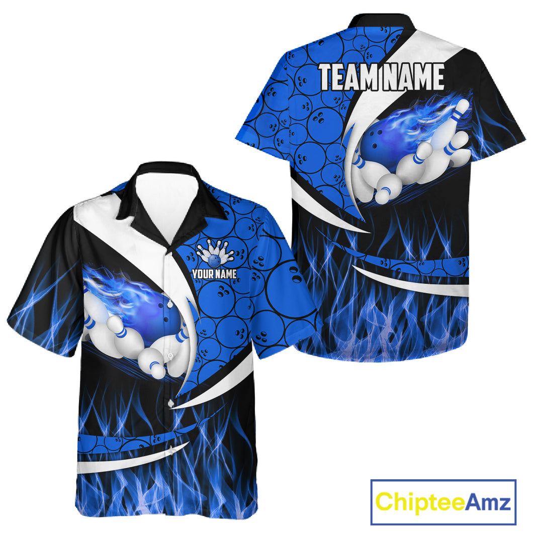 Blue Flame Bowling Camo Bowling Hawaiian Shirts Custom Bowling Team Bowler Jerseys NQS11195