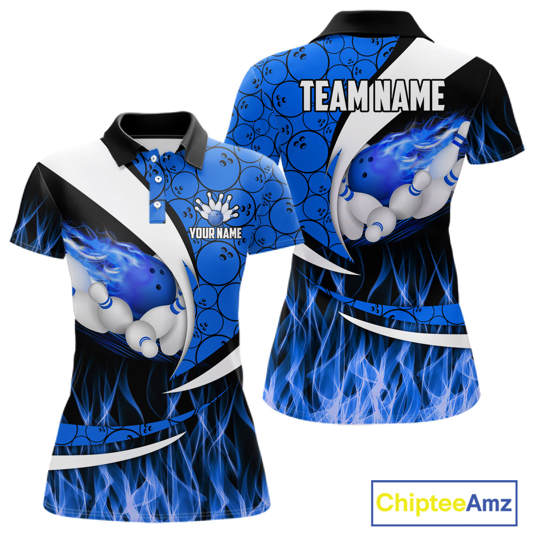 Blue Flame Bowling Camo Bowling Polo, Quarter Zip Shirts For Women Custom Bowling Team Bowler Jerseys NQS11195