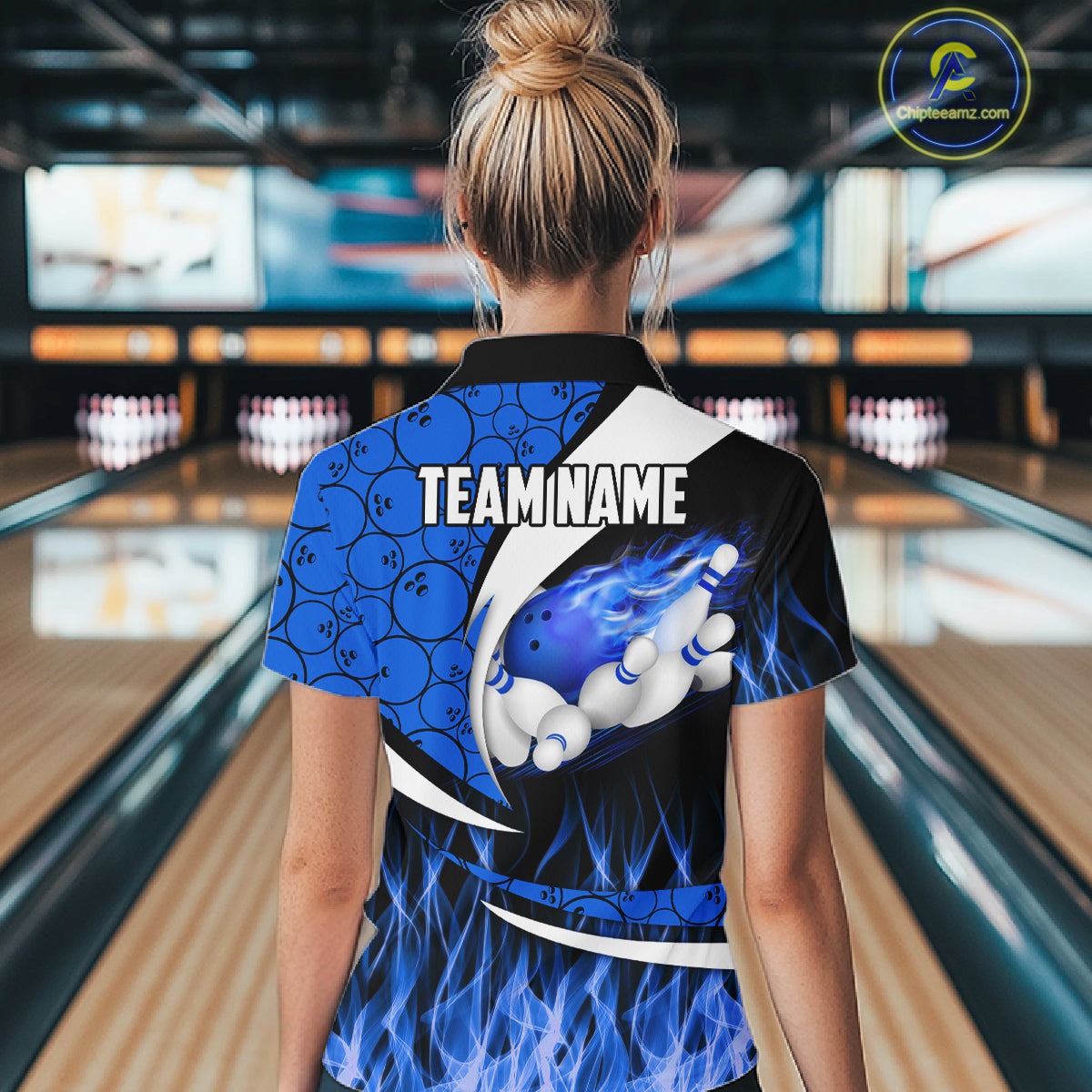 Blue Flame Bowling Camo Bowling Polo, Quarter Zip Shirts For Women Custom Bowling Team Bowler Jerseys NQS11195
