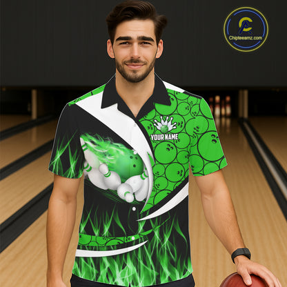 Green Flame Bowling Camo Bowling Hawaiian Shirts Custom Bowling Team Bowler Jerseys NQS11196