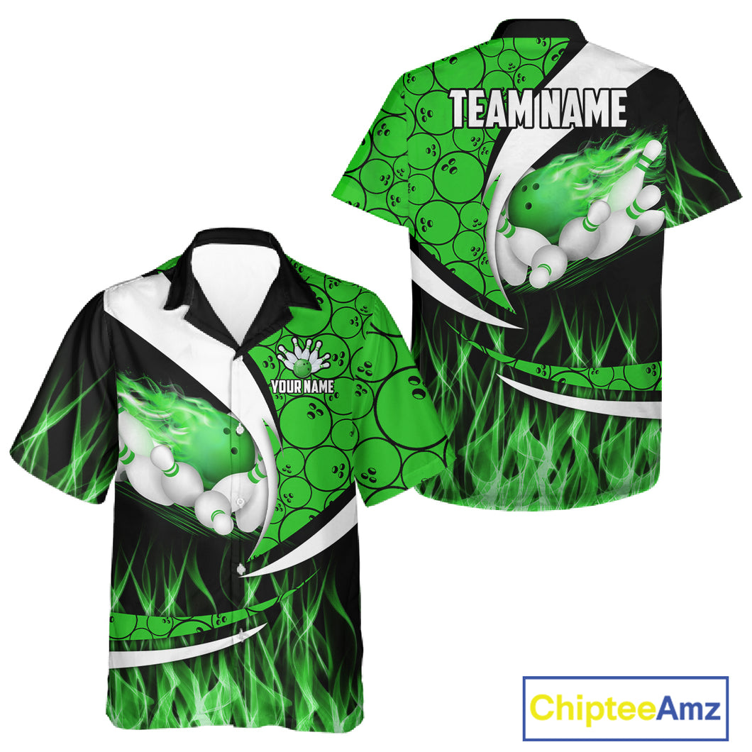 Green Flame Bowling Camo Bowling Hawaiian Shirts Custom Bowling Team Bowler Jerseys NQS11196