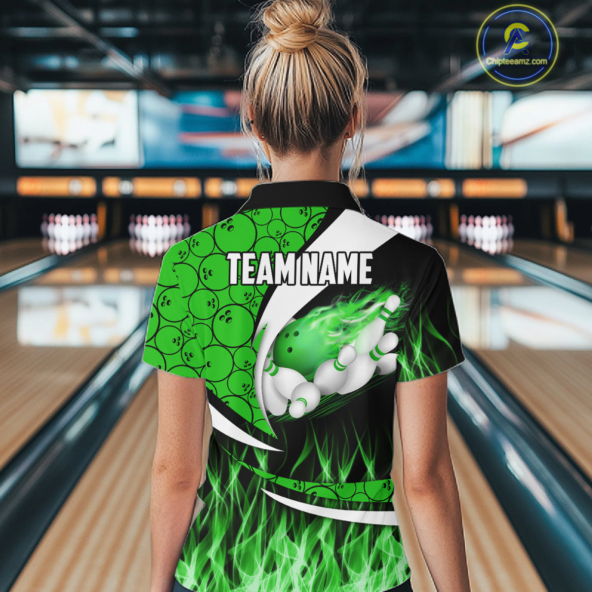 Green Flame Bowling Camo Bowling Polo, Quarter Zip Shirts For Women Custom Bowling Team Bowler Jersey NQS11196