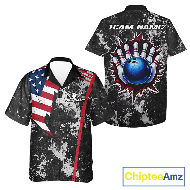 American Flag grunge Hawaiian bowling shirts Custom patriotic team bowling jerseys NQS11405