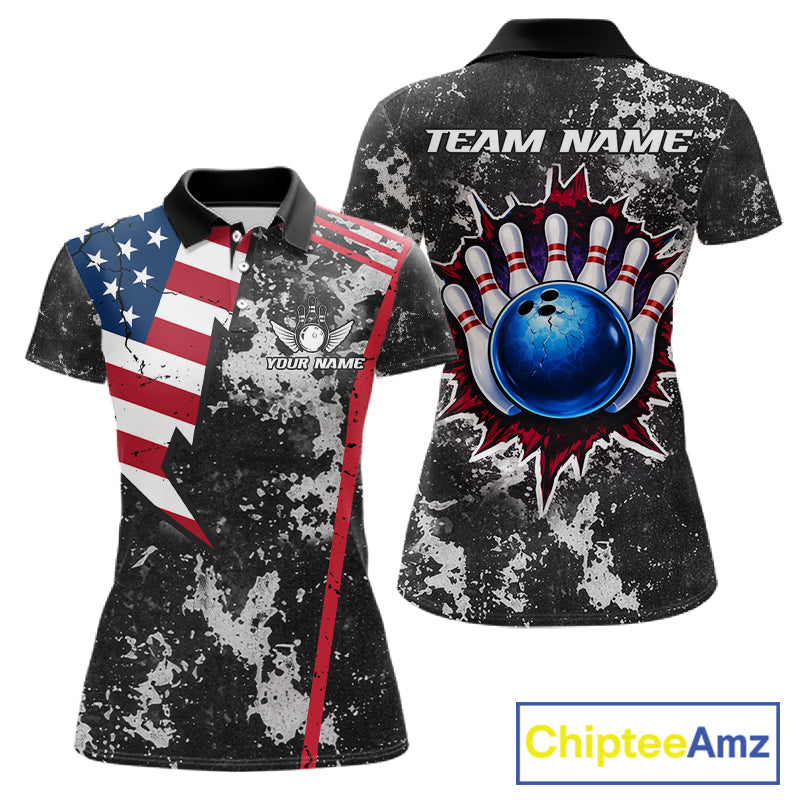 American Flag grunge Women Bowling polo shirts, 1/4 zip shirt Custom patriotic team bowling jerseys NQS11405
