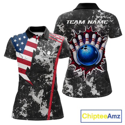 American Flag grunge Women Bowling polo shirts, 1/4 zip shirt Custom patriotic team bowling jerseys NQS11405