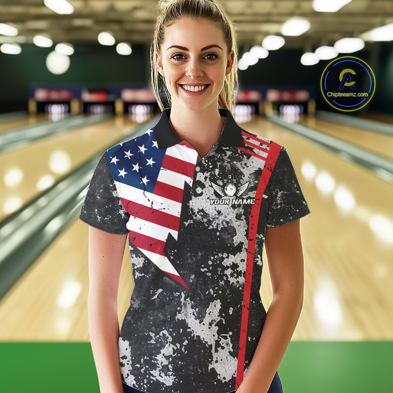 American Flag grunge Women Bowling polo shirts, 1/4 zip shirt Custom patriotic team bowling jerseys NQS11405