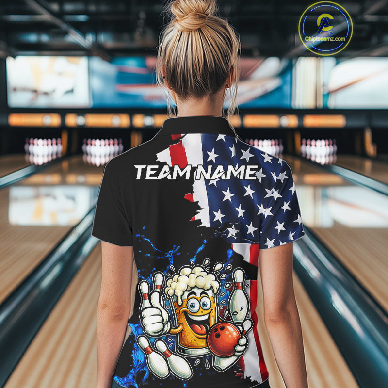 Funny Beer Bowling Shirts for Women Custom US Flag Patriotic Team Bowling Jerseys Uniforms NQS11602