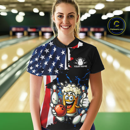 Funny Beer Bowling Shirts for Women Custom US Flag Patriotic Team Bowling Jerseys Uniforms NQS11602