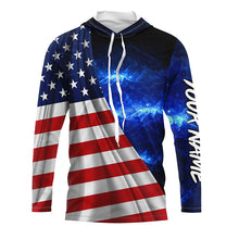 Load image into Gallery viewer, American Flag Universe patriotic Custom name blue galaxy UV protection long sleeve Shirts NQS5409