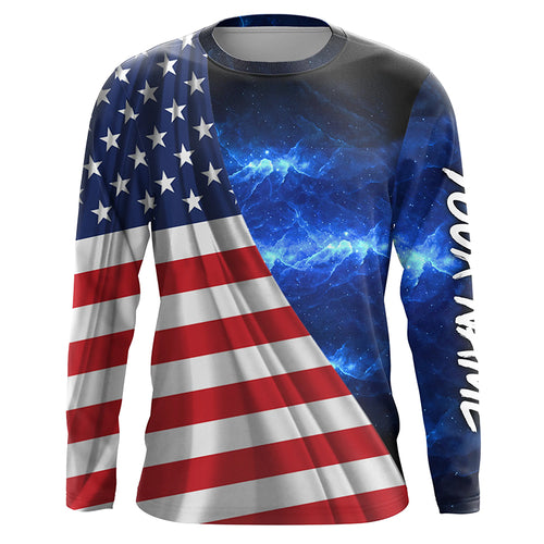 American Flag Universe patriotic Custom name blue galaxy UV protection long sleeve Shirts NQS5409