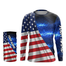 Load image into Gallery viewer, American Flag Universe patriotic Custom name blue galaxy UV protection long sleeve Shirts NQS5409