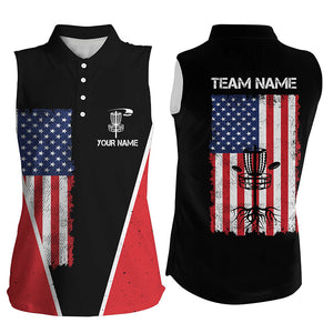 Black Womens sleeveless Disc golf polo shirts vintage American flag patriot custom frisbee golf shirt NQS7993