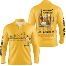 Load image into Gallery viewer, Funny Mens golf polos shirts custom yellow golf top weekend forecast golfing with a chance of drinking NQS7996