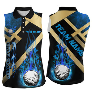 Women sleeveless polo shirt custom blue flame golf ball apparel for ladies, personalized golf gifts NQS7999