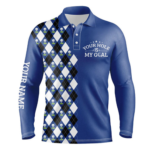 Funny Mens golf polo shirt blue argyle pattern custom name your hole is my goal, golfing gifts for men NQS6091