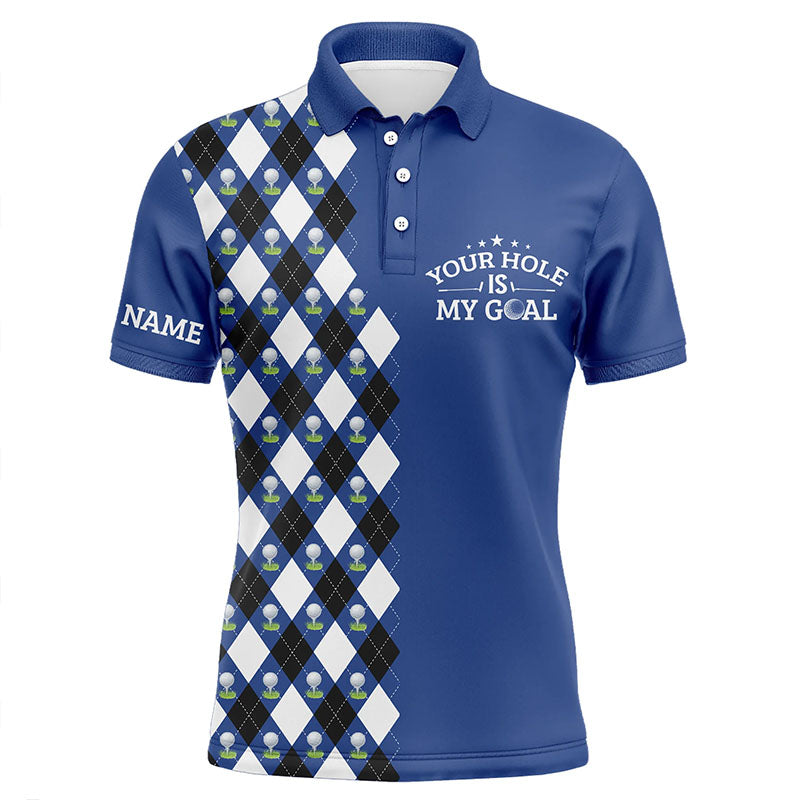 Funny Mens golf polo shirt blue argyle pattern custom name your hole is my goal, golfing gifts for men NQS6091